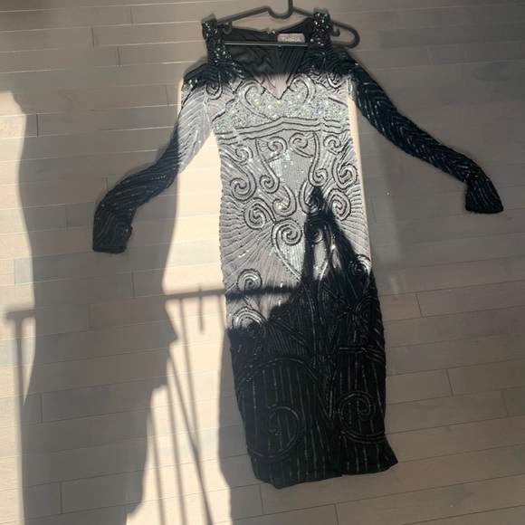 Theia Dresses & Skirts - Midi fully beaded/sequinned open shoulder black dress